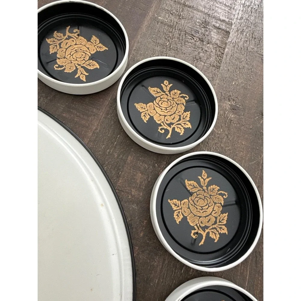 Vintage Toleware 9 Piece MCM Beverage Set Tray & Coasters Black and Gold Rose US